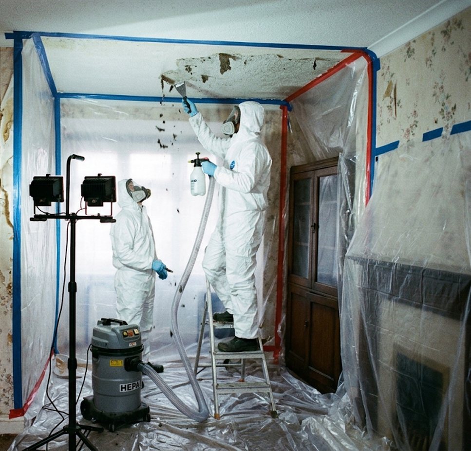 Operatives removing a textured ceiling coating inside a sealed enclosure
